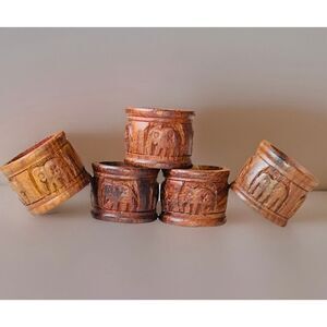 5 Vintage Brown Hand Carved Elephant Wooden Napkin Rings India